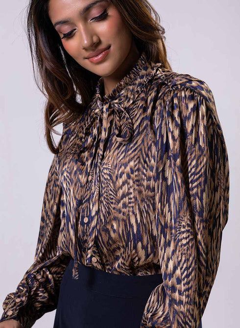 Long Sleeve Printed Frilled Collared Top